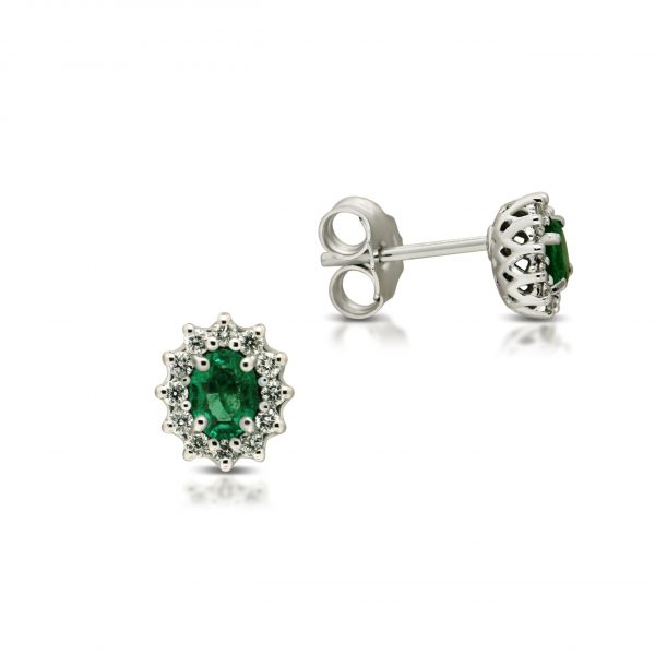 Armonie Gioielli Orecchini in oro bianco 18kt con diamanti e smeraldo con giro di diamanti