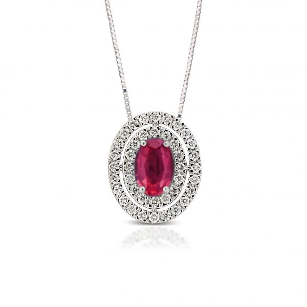 Armonie Gioielli Collana pendente in oro bianco 18kt con doppio giro diamanti e rubino ovale