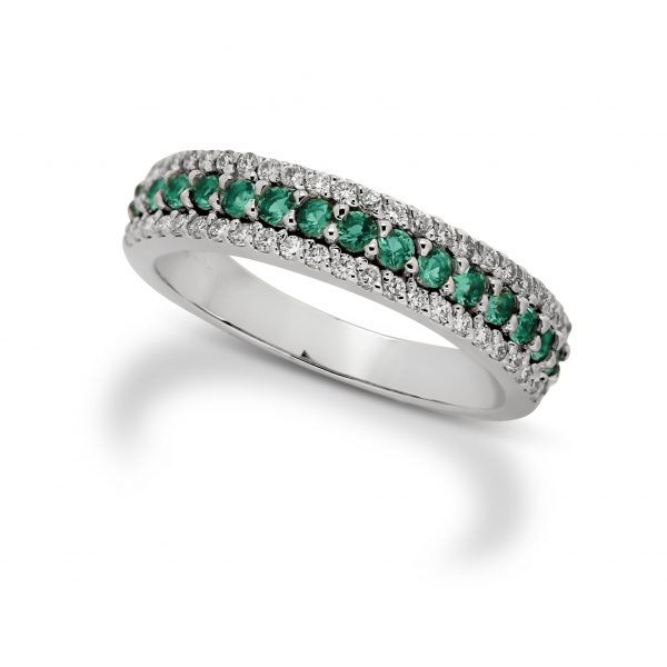 Armonie Gioielli Anello mezza veretta in oro bianco 18kt con diamanti e smeraldi