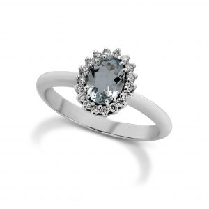 Armonie Gioielli Anello in oro bianco 18kt con diamanti e acquamarina ovale con giro di diamanti