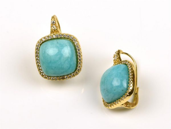 Misis Tiger Eye Orecchini in argento 925 placcato oro 18kt con amazzonite e zirconi bianchi