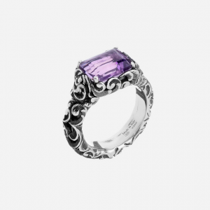 Maria e Luisa Jewels Anello in argento brunito inciso e pietra ametista