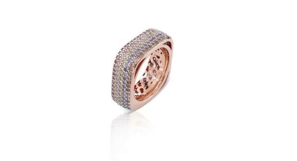 Sogni Anello quadrato pavé rosa con zirconi colorati argento placcatura oro