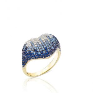 Sogni Anello Cuore pavé giallo con zirconi bianchi e blu argento placcatura oro
