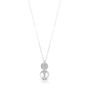 Coscia Collana pendente con catena Perle Akoya Giapponesi con diamanti e oro 18k