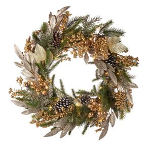 L'Oca Nera Ghirlanda tonda con bacche oro e pigne con 40 leds fuoriporta 60cm