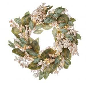 L'Oca Nera Ghirlanda tonda con bacche bianco e oro con 40 leds fuoriporta 60cm