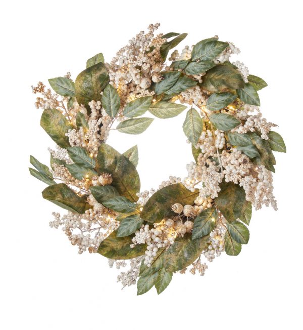 L'Oca Nera Ghirlanda tonda con bacche bianco e oro con 40 leds fuoriporta 60cm