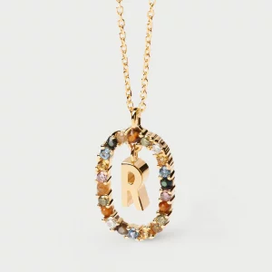 PDPAOLA Collana con iniziale lettera iniziale R con zirconi colorati Argento 925