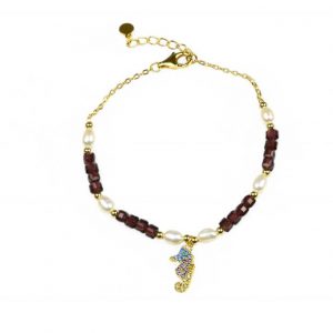 Misis POSIDONIA Bracciale in argento placcato oro 18kt, agata rossa, perle d'acqua dolce, zirconi colorati - 16+2 cm cavalluccio marino